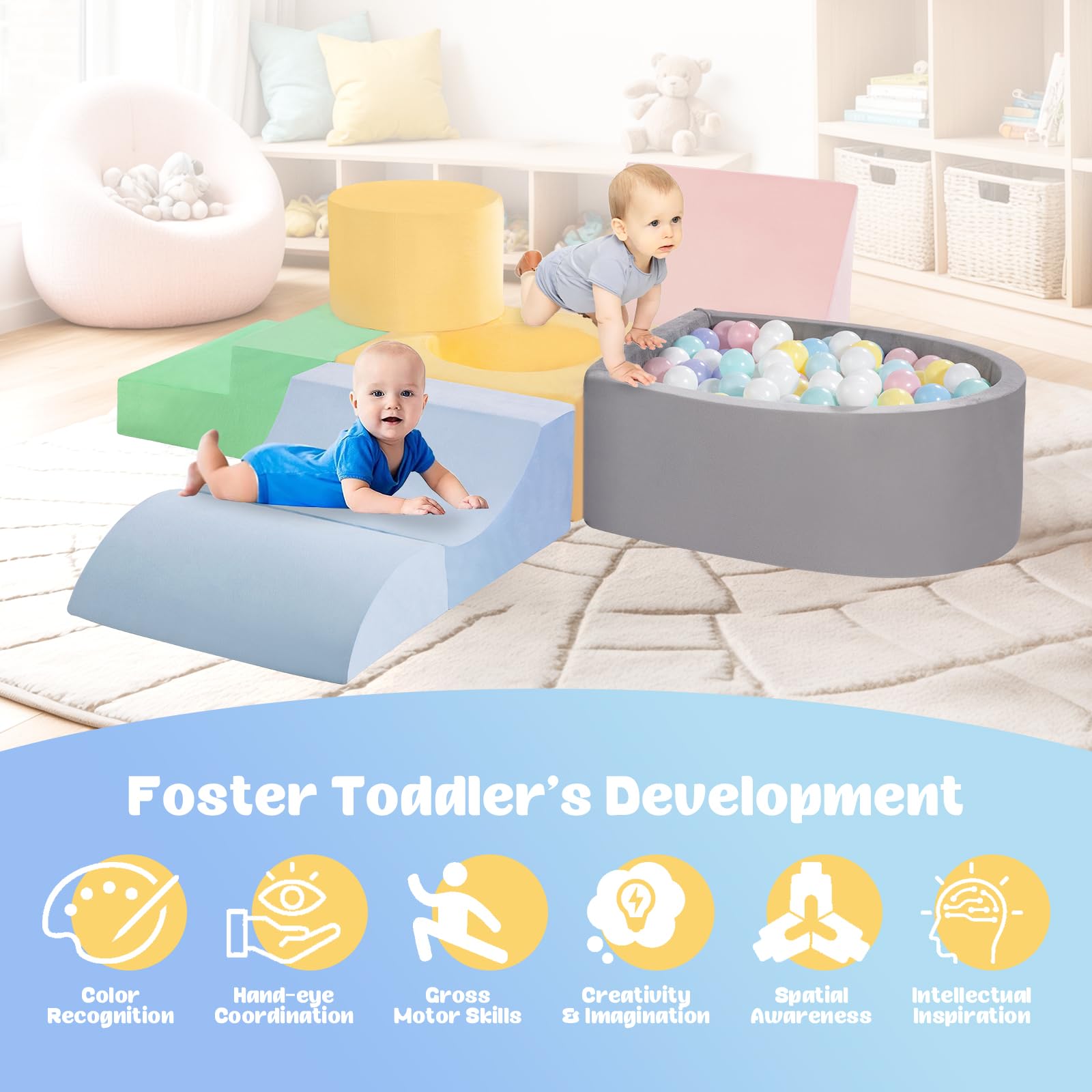 Climbing Toys for Toddlers 1-3 Inside, Baby Foam Climbing Blocks with Ball Pit for Toddlers, 6-Piece Soft Play Climbing Blocks, Indoor Climb Crawl Activity Play Set, Birthday Gift (Balls not Included)