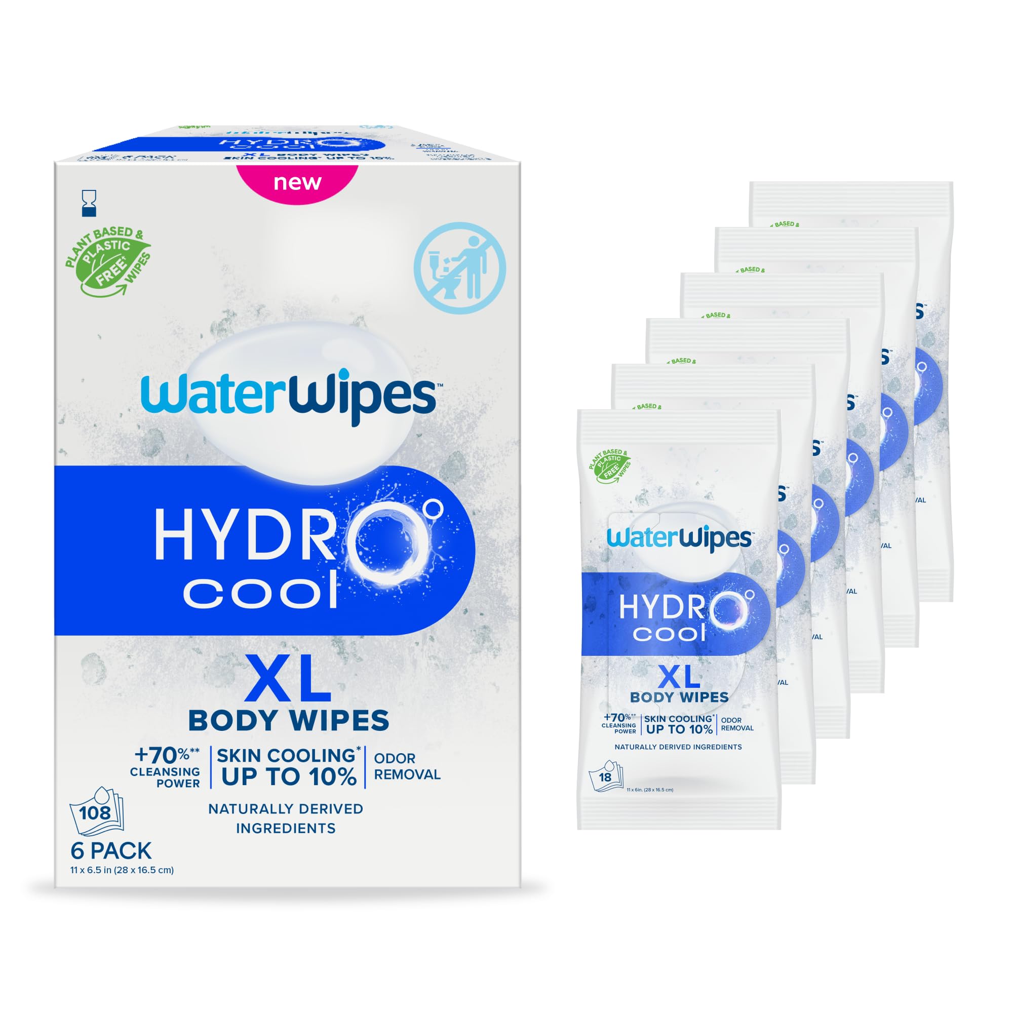 WaterWipes HydroCool Cooling Wipes, XL Body Cleaning Wipe, Stay Fresh & Cool On-the-Go Instant Skin Cooling, Odor & Sweat Removal, Ideal for Gym, Travel & Outdoor Use, 108 Count (6 Pack)