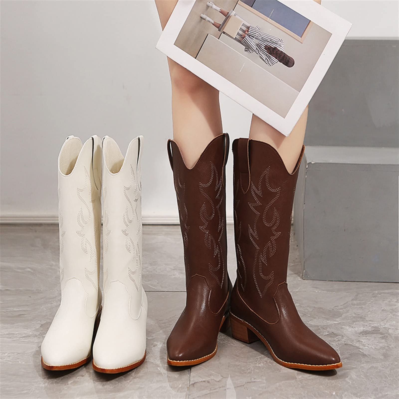 Damen Cowboystiefel Wadenhoch - Größe 44 Mit Quaste & Klobigem Absatz Western Style