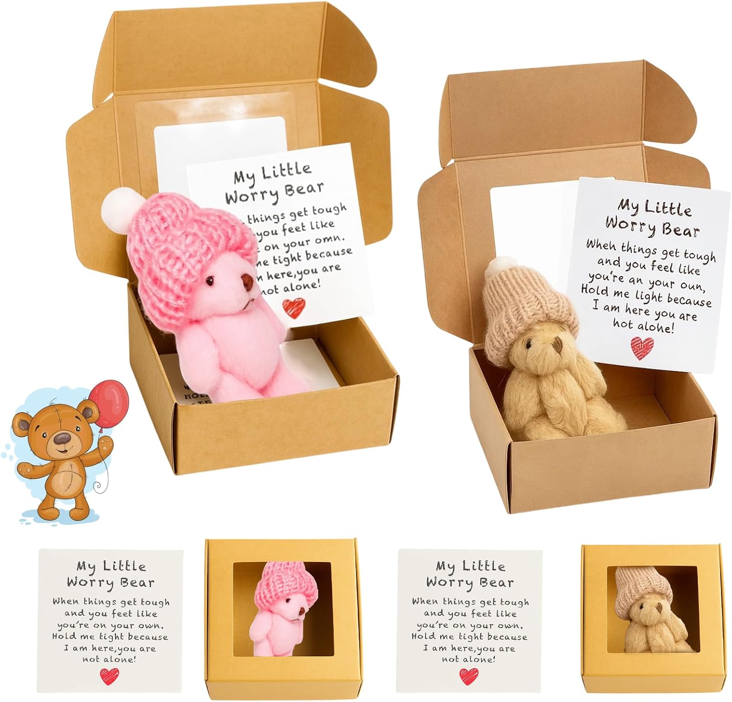 2PCS My Little Worry Bear in a Box, Mini Plush Anxiety Teddy Bears with Card, Pocket Hug Gift for Kids and Adults, Stress Relief Companion for Emotional Support (Pink and Brown)
