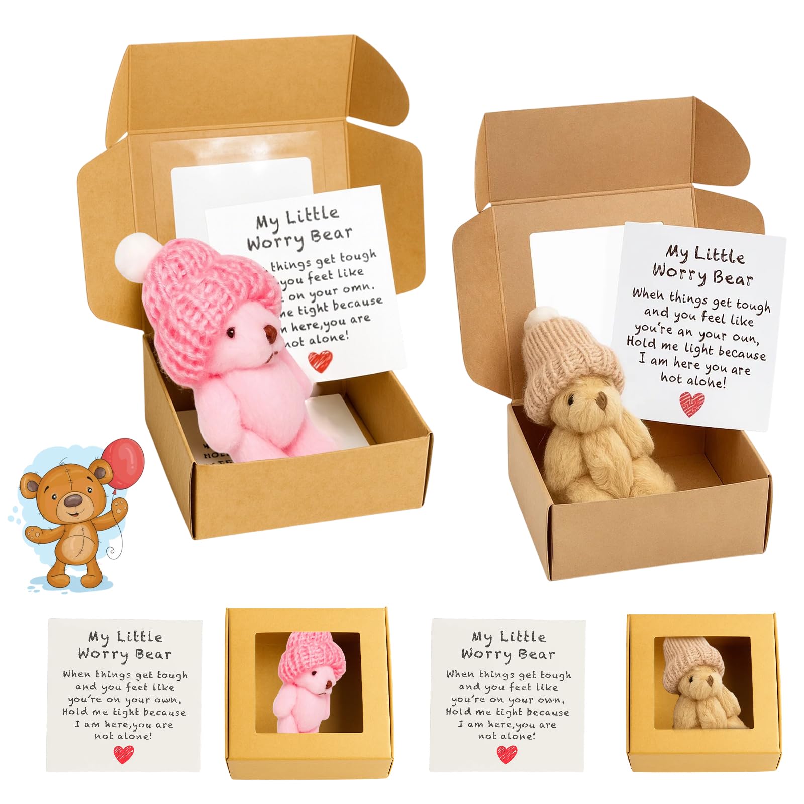 2PCS My Little Worry Bear in a Box, Mini Plush Anxiety Teddy Bears with Card, Pocket Hug Gift for Kids and Adults, Stress Relief Companion for Emotional Support (Pink and Brown)