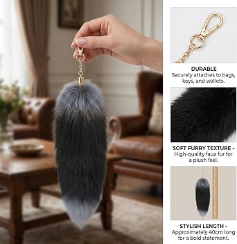 Therian Tail, Furry Tail Keychain, 40 cm Length Soft Plush Key Ring, Realistic Faux Fur Tail, Decorative Accessory for Personal Style, Key Ring for Backpack, Purse & Gear