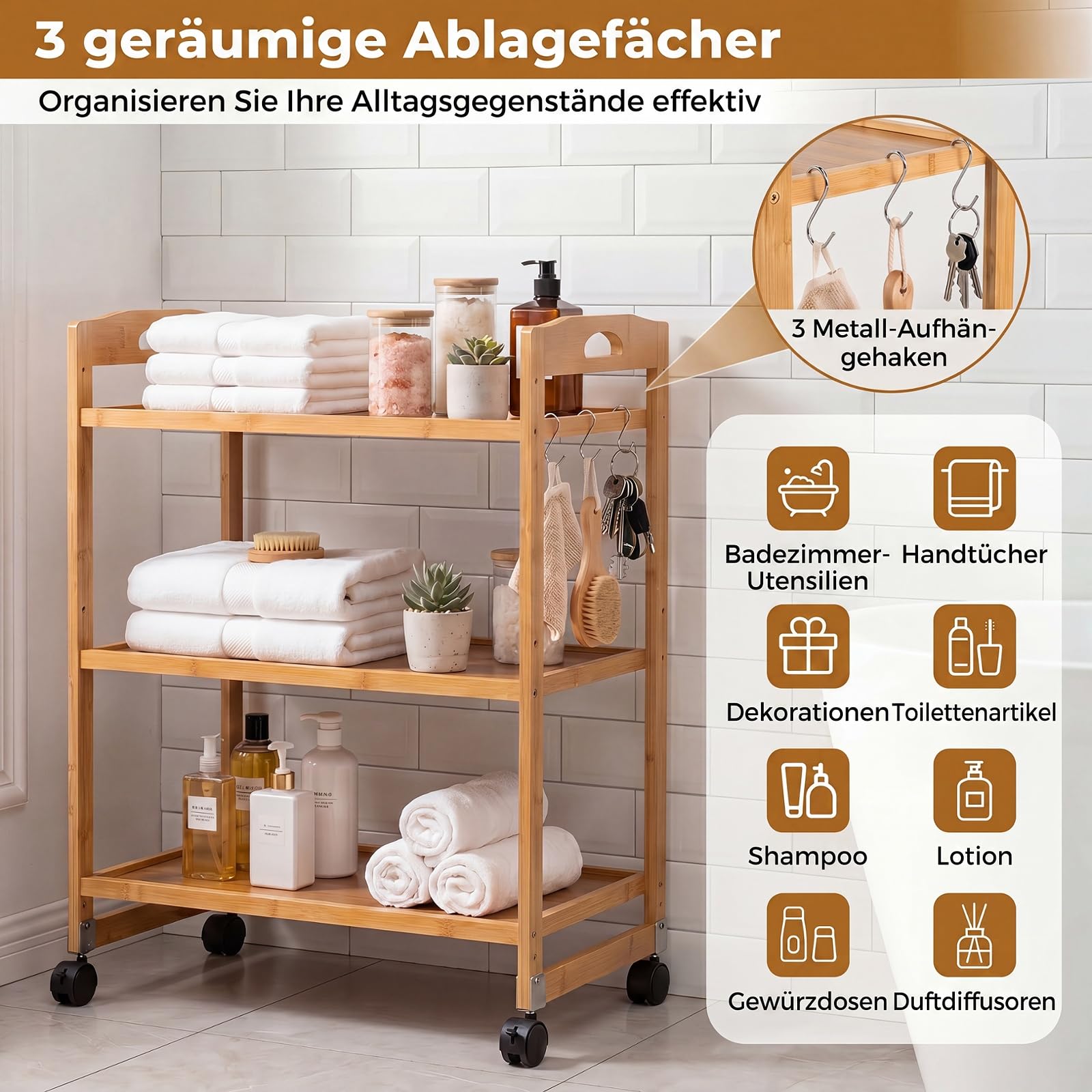 SOARS Rollwagen Bambus, 3 Ebenen Servierwagen mit Rollen, Natur