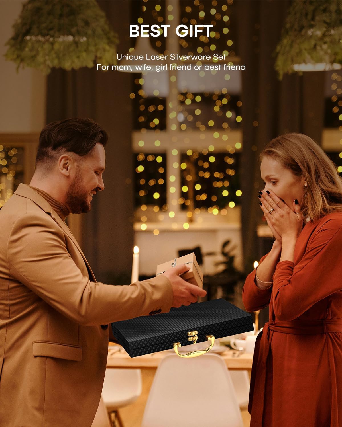 Stapava 24 Pcs Rose Gold Silverware Set with Gift Box, Stainless Steel Copper Silverware Cutlery Flatware Set for 4, Include Mirror Forks Spoons and Knives Set, Dishwasher Safe Utensils Sets