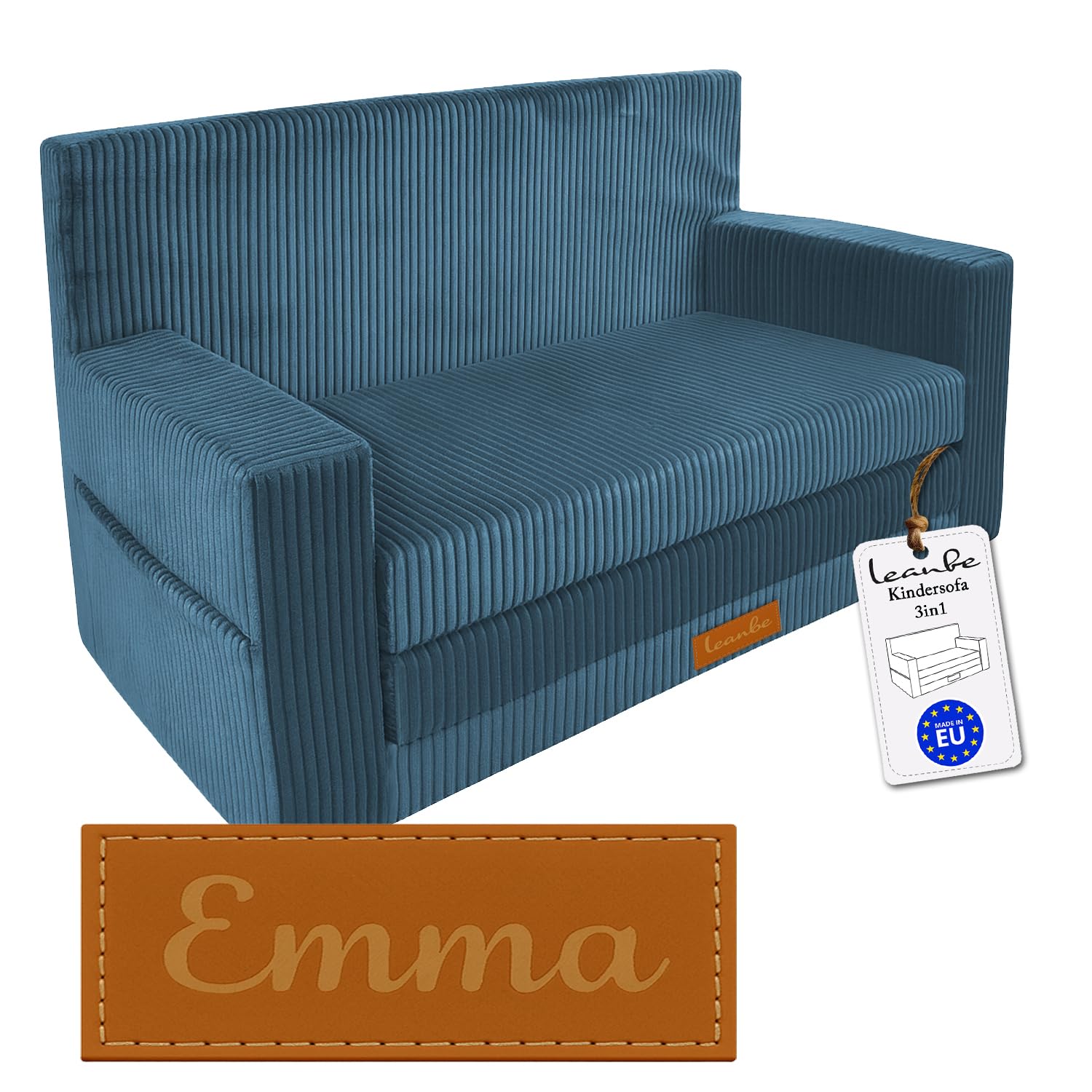 3in1 Kindersofa, Cord Spielsofa, Schlafsofa und Klappsofa, Personalisierbar, EU-Herstellung, (Blau)