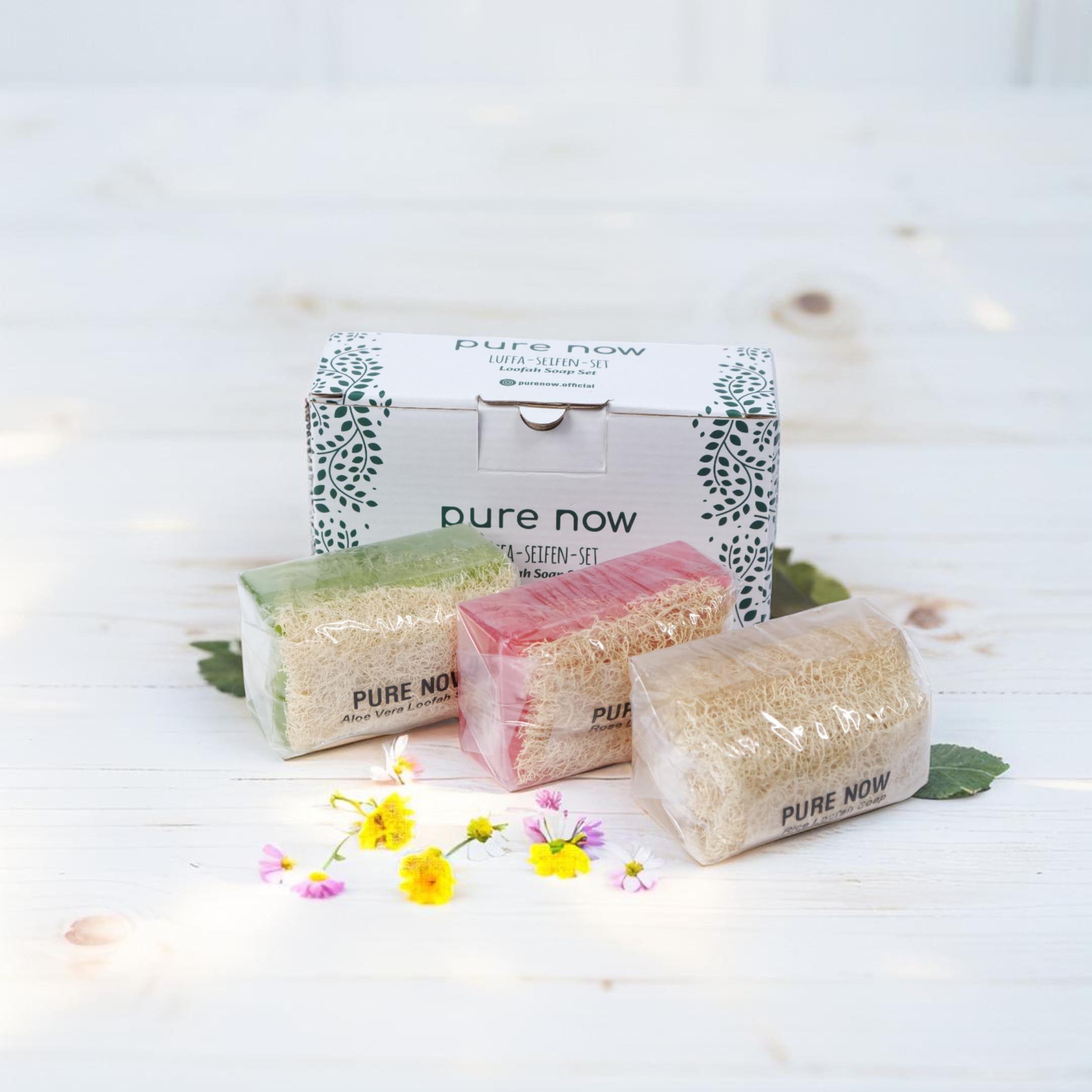 Pure Now Loofah Soap Set (3 x 100 g) - With Aloe Vera, Rose Oil & Rice Water - Vegan, Natural Exfoliation, Moisturising - Image 3