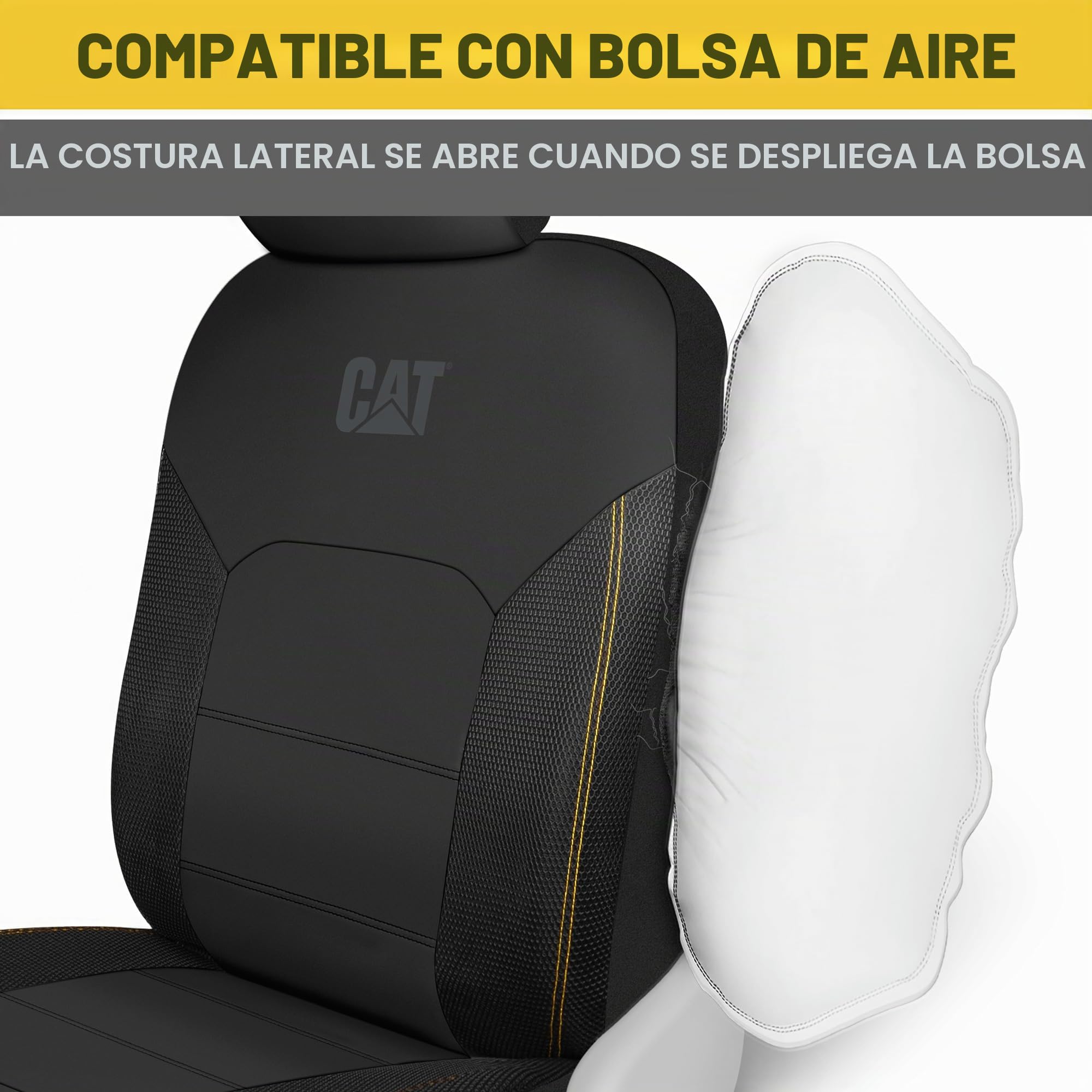 CAT FlexHybrid - Fundas de Asiento de Coche Negras de Poliuretano + Malla Transpirable de Piel sintética Resistente y Malla 3D, 2 Unidades