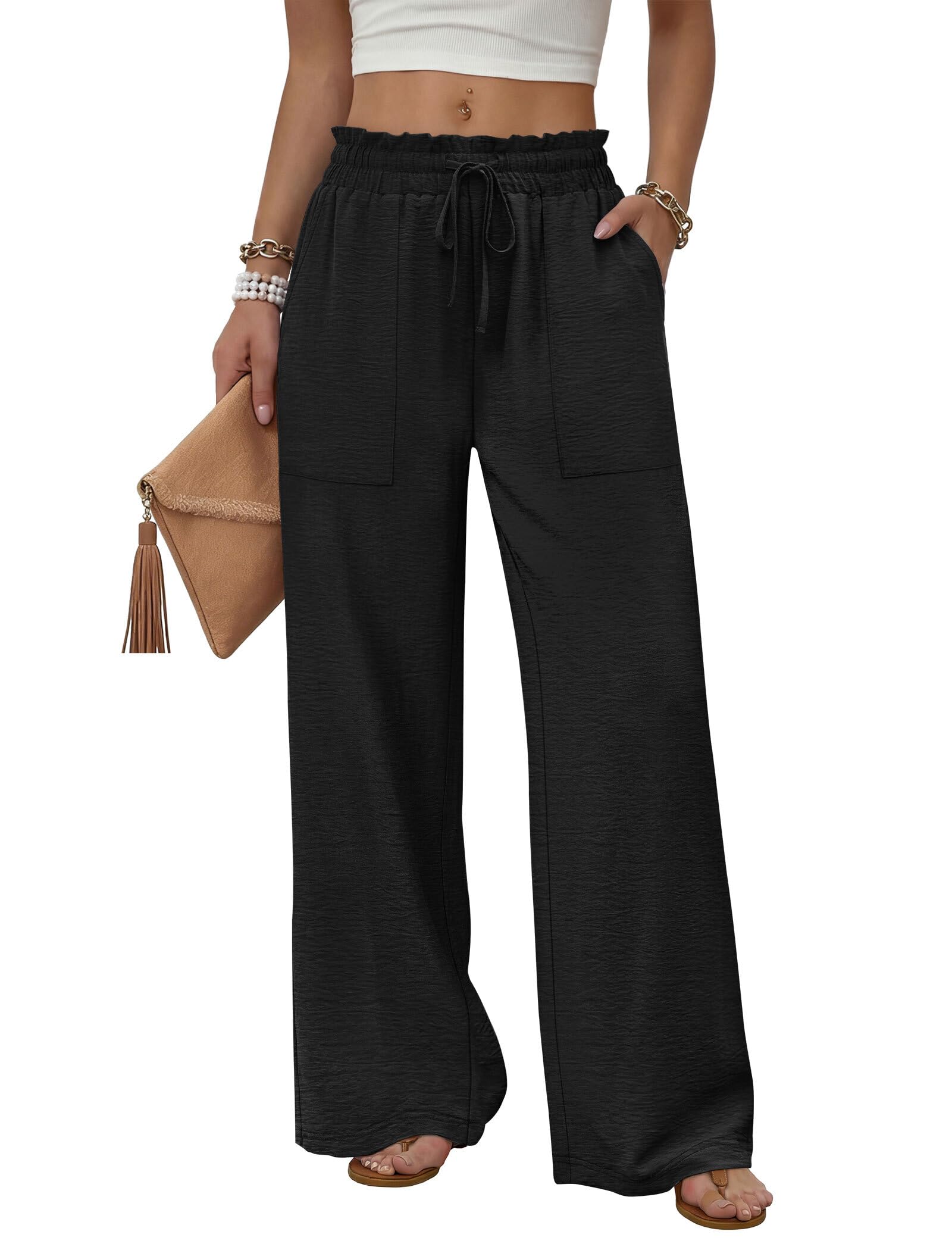 WIHOLL Women's Wide Leg Pants with Pockets Drawstring Loose Trousers Business Work Pants Summer Beach Vacation Clothes — view 14