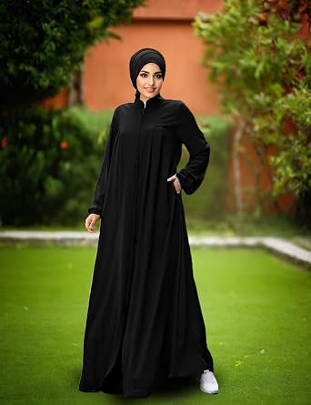 Womens Muslim Abaya Dress Front Zipper 2 Pockets Long Sleeve Prayer Islamic Clothes with Hijab Cap