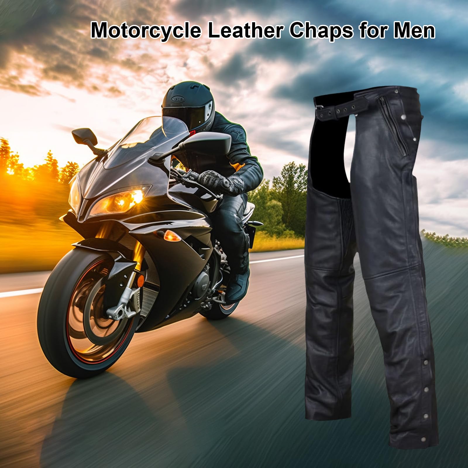 Motorrad-Leder-Chaps für Herren, Biker-Reiten, Cowboy-Chaps, schwarze Multi-Pocket-Split-Soft-Lederhose mit Reißverschluss-Futter