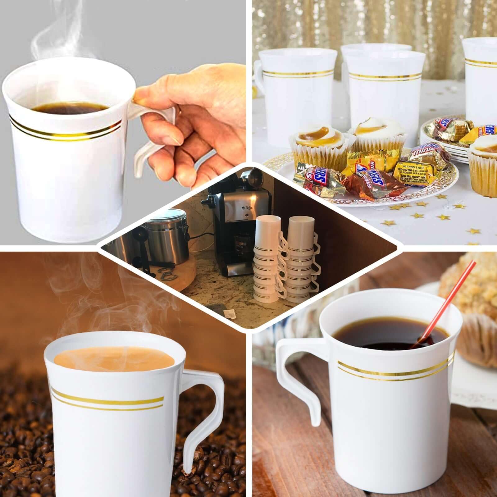 Amazon.com: Efavormart 8-Pack 8oz Clear Plastic Coffee Mugs with Gold  Stripes, Modern Glam Disposable Tea Cups with Handle for Anniversary  Dinners and Formal Events : Health & Household