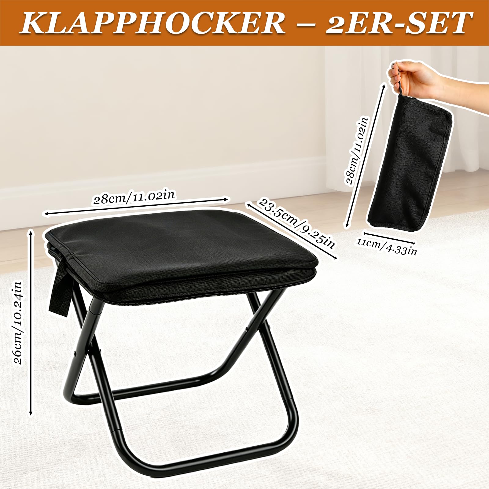 Campinghocker Klappbar 2er-Set Schwarz, Falthocker 26 cm mit Tragegriff, Leicht und Platzsparend Reisehocker, für Camping, Outdoor, Picknick, Angeln, Wandern, Garten und Balkon
