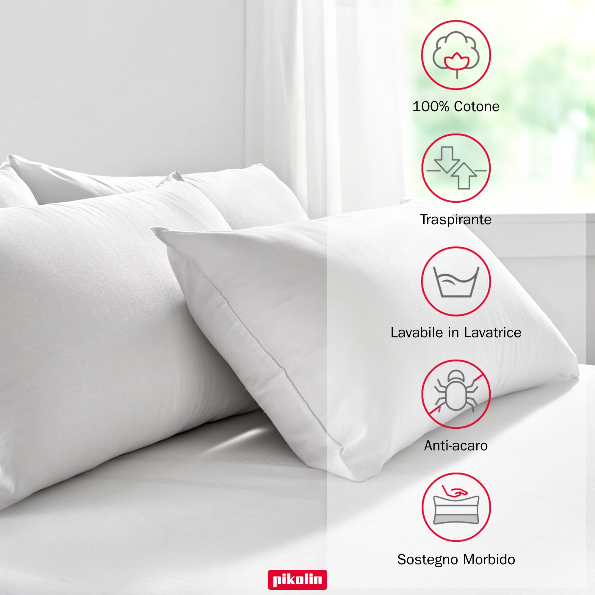 PIKOLIN Cuscino Letto Singolo in Fibra Ipoallergenica - Guanciale Letto con Fodera in Cotone Traspirante e Lavabile con Trattamento Antiacaro - Bassa Rigidità - 60 x 40 cm
