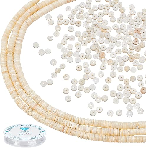 Miniatura 1 de PH PandaHall 489  510 cuentas de concha natural de 5 a 0.236 in de disco plano con 4.9 yardas de hilo de cristal elástico de 0.039 pulgadas (0.039