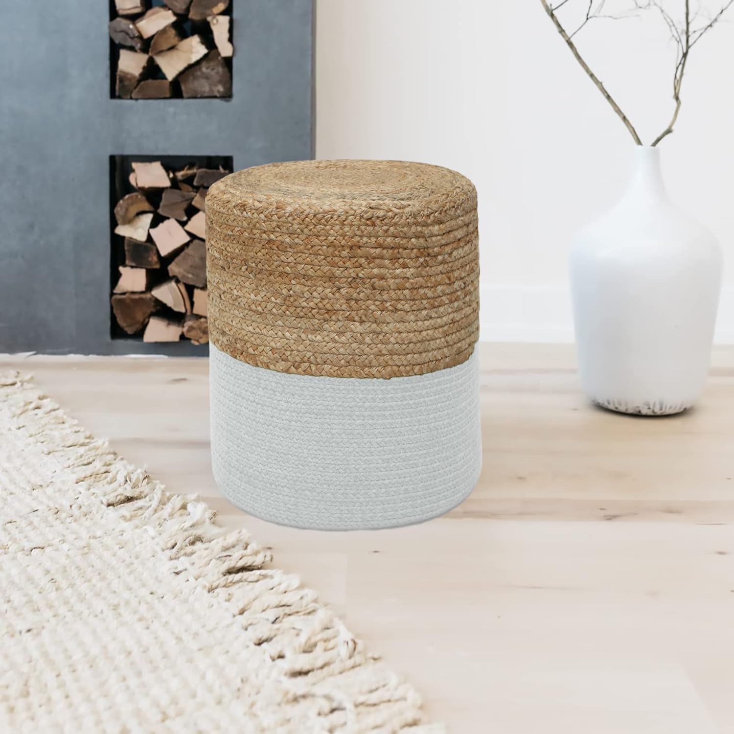 THE HOME TALK Ottoman Pouf | Hand-Braided |100% Natural Jute | Large Funiture Pouf | Footrest, Bean Bag, Floor Chair | Great for The Living Room, Bedroom & Kids Room | 18 x 18x 16 Inch | Natural Ivory
