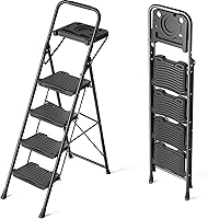 Vista 11 de KINGRACK - Escalera plegable de 4 escalones, escalera de 4 pasos con pedal ancho antideslizante y pasamanos, escalera doméstica ligera, aprueba