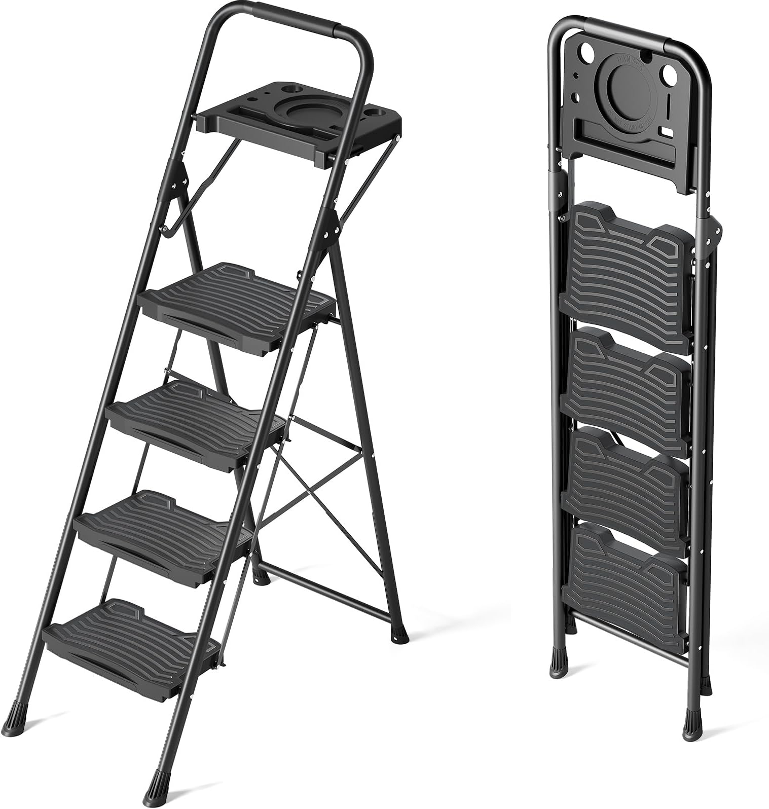 4 Step Ladder with Tool Tray, Sturdy Step Stool with Handrail, Anti-Slip Wide Pedals, Foldable Step Stool for Home, Garage, Garden, Black