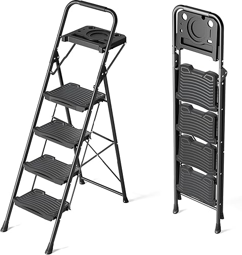 Miniatura 8 de KINGRACK Escalera plegable de 3 escalones, escalera de 3 peldaños de 900 libras con pedal ancho antideslizante y pasamanos, escalera ligera