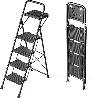 KINGRACK 4 Step Ladder with Tool Platform, Sturdy Step Stool, Anti-Slip Wide Pedals, Handrail, Foldable Step Ladder, Pass 900LBS Testing, Multi-Use for Home, Garage, Garden, Painting, Black