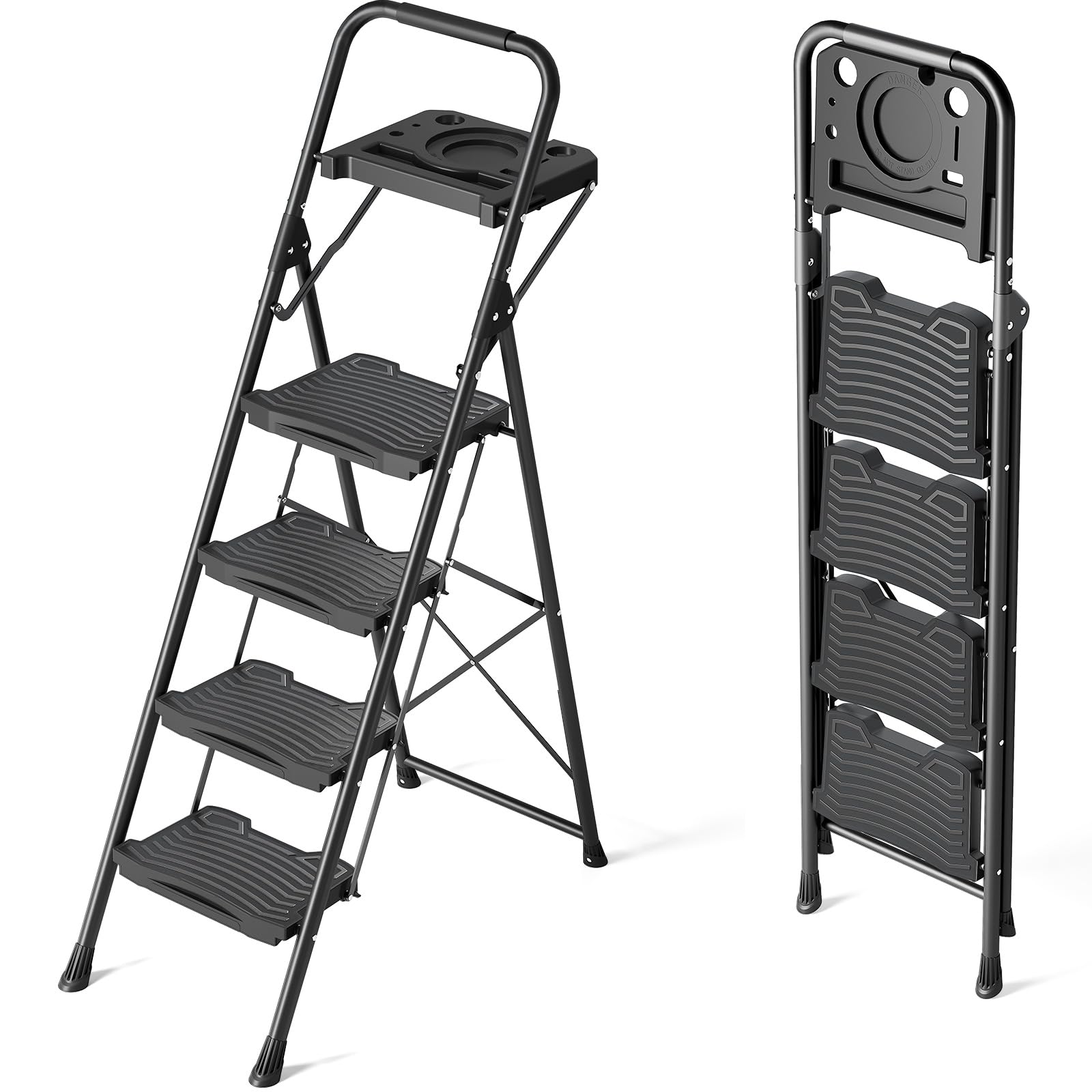 KINGRACK 4 Step Ladder with Tool Tray, Sturdy Step Stool with Handrail, Anti-Slip Wide Pedals, Foldable Step Stool for Home, Garage, Garden, Black