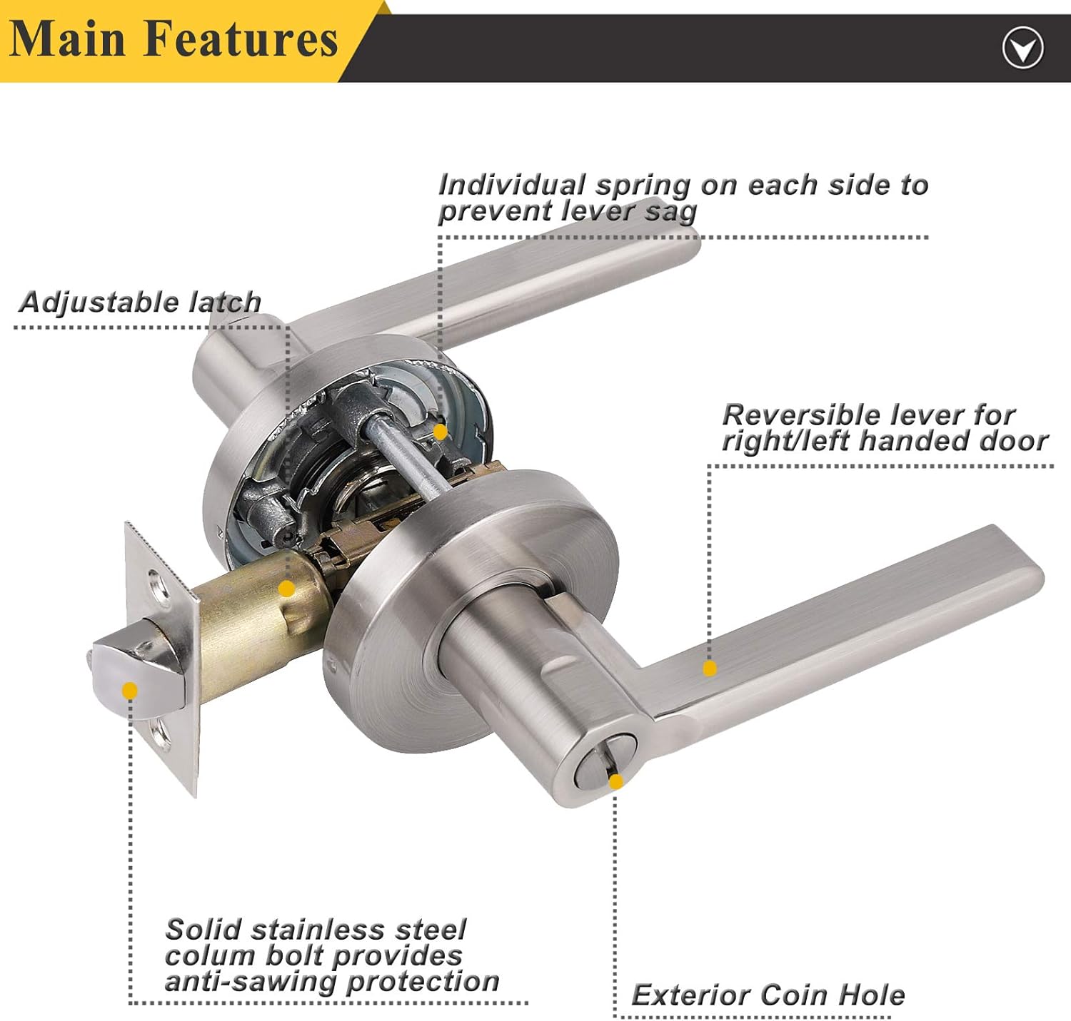 Probrico Satin Nickel Privacy Door Levers, Flat Interior Bath/Bed Door Handles, Reversible for Right & Left Handed Bedroom/Bathroom Doors, 10 Pack