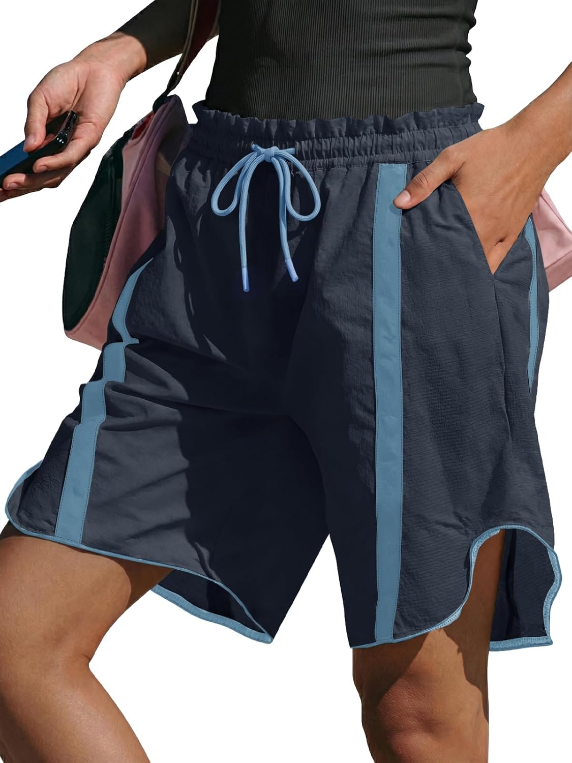Fisoew Womens Baggy Cargo Shorts Casual Wide Leg Knee Length Drawstring Elastic Waist Workout Running Athletic Yoga Shorts