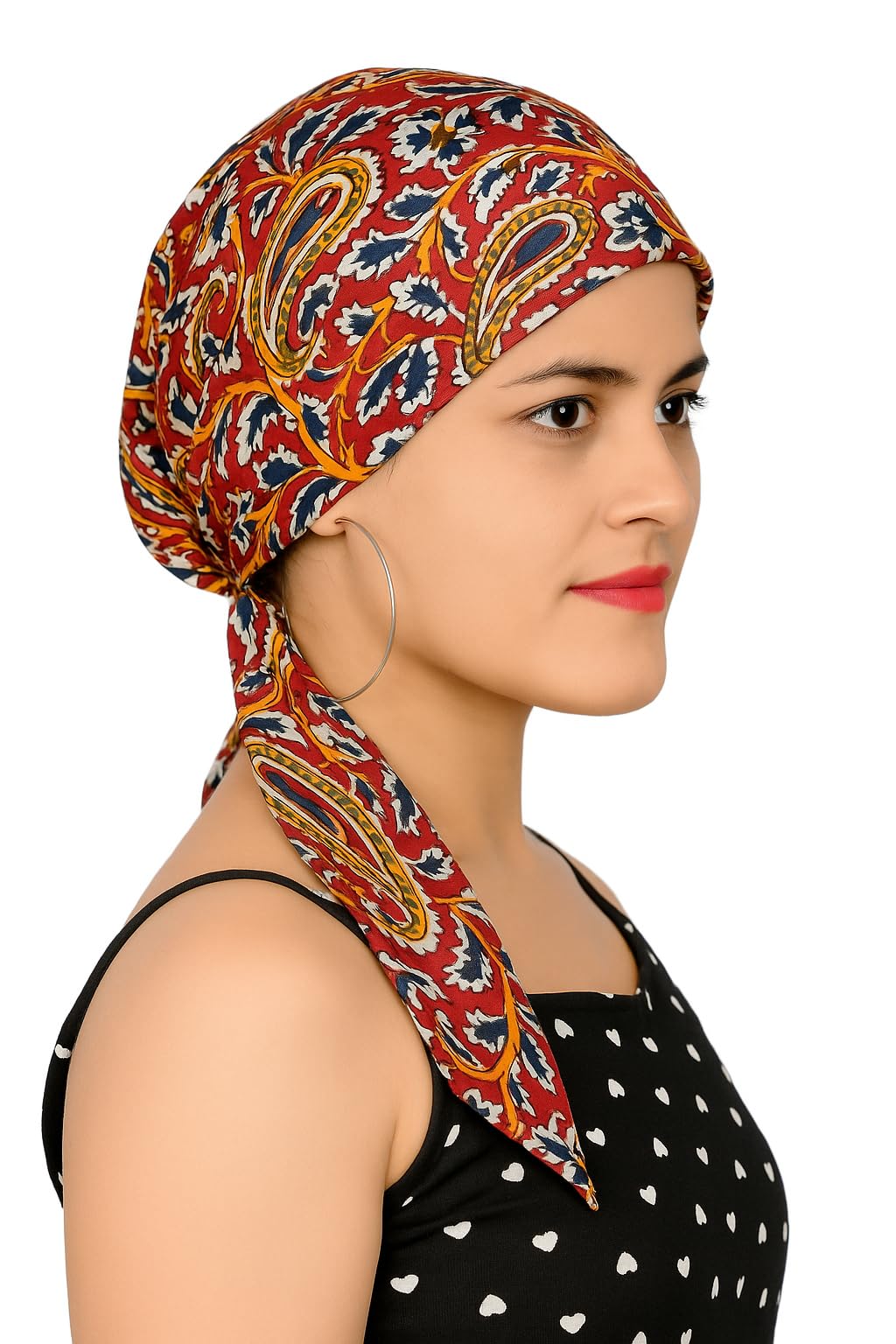 Floral Print Head Wrap Turban with Long Ties, Red and Navy Pattern, Traditional Style-image-33
