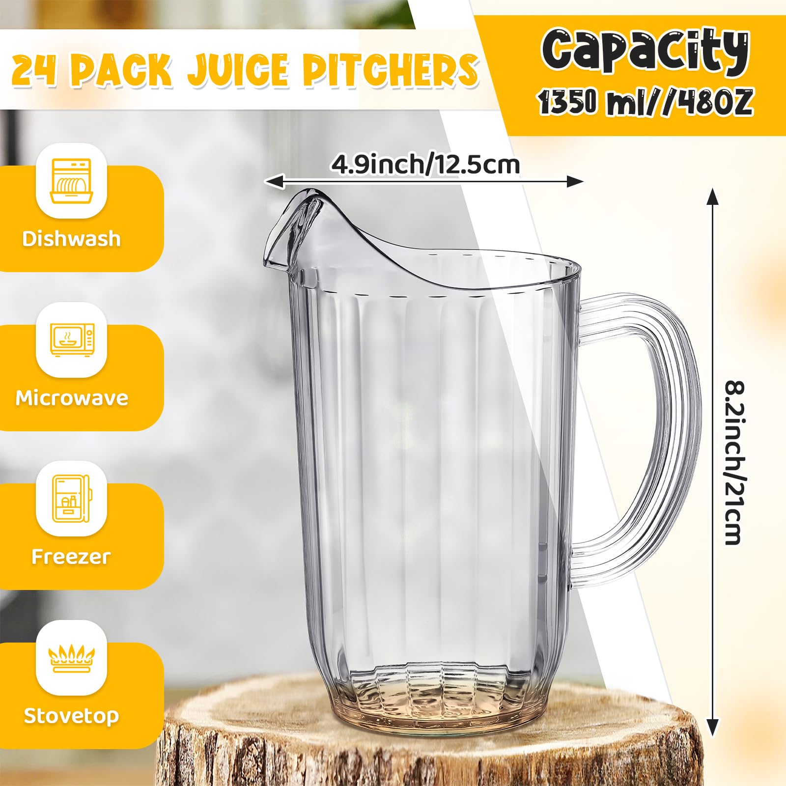 Mifoci Paquete de 24 jarras acrílicas de 48 onzas con boquilla, jarra de agua transparente a granel, recipientes de jugo con asa para té helado, sangría, limonada, jugo, leche, café y bebidas caseras