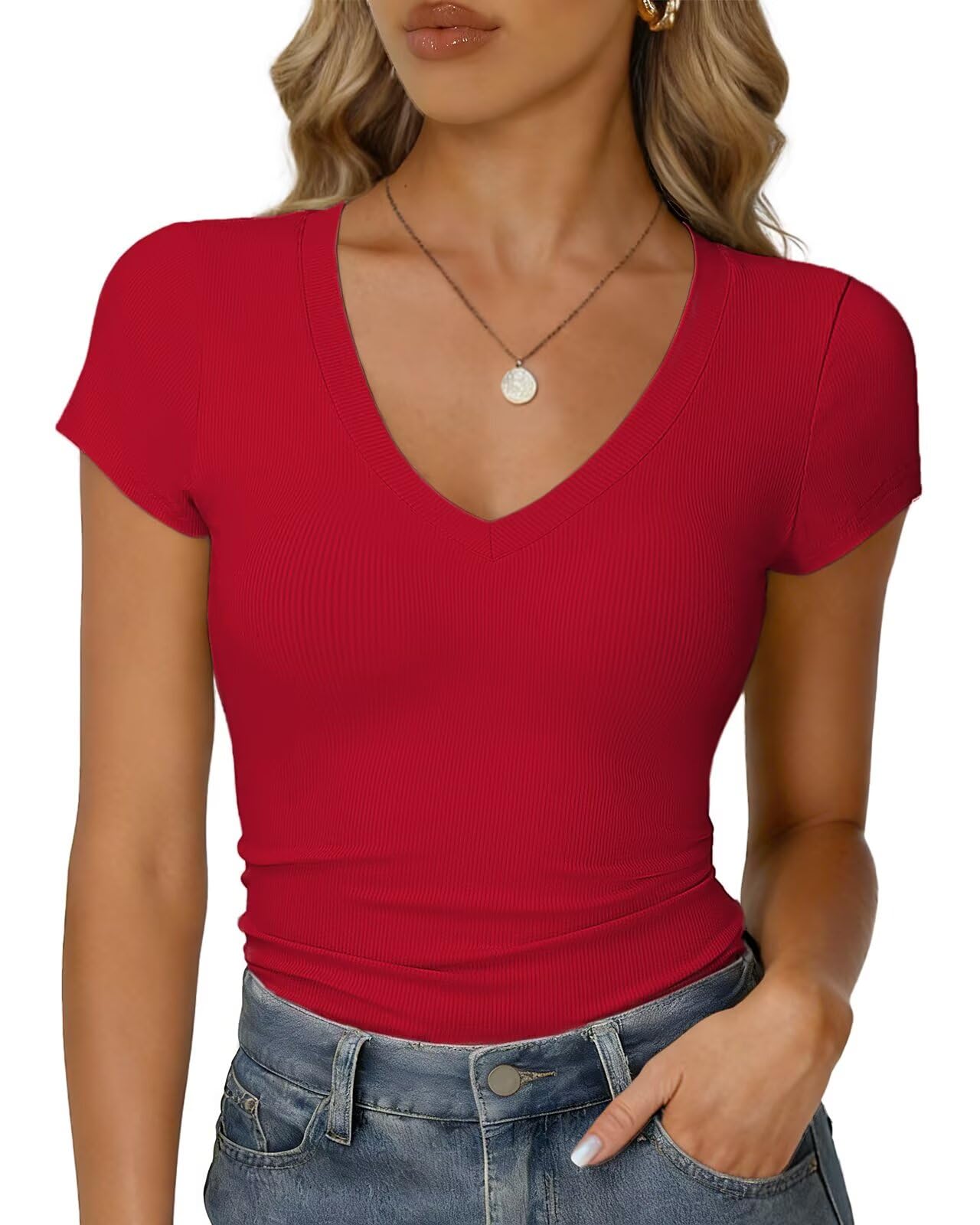 RIROW Damen Sommer T-Shirt Basic V-Ausschnitt Kurzarm Rippstoff Figurbetont Slim Fit Atmungsaktiv Elegant Y2K Top