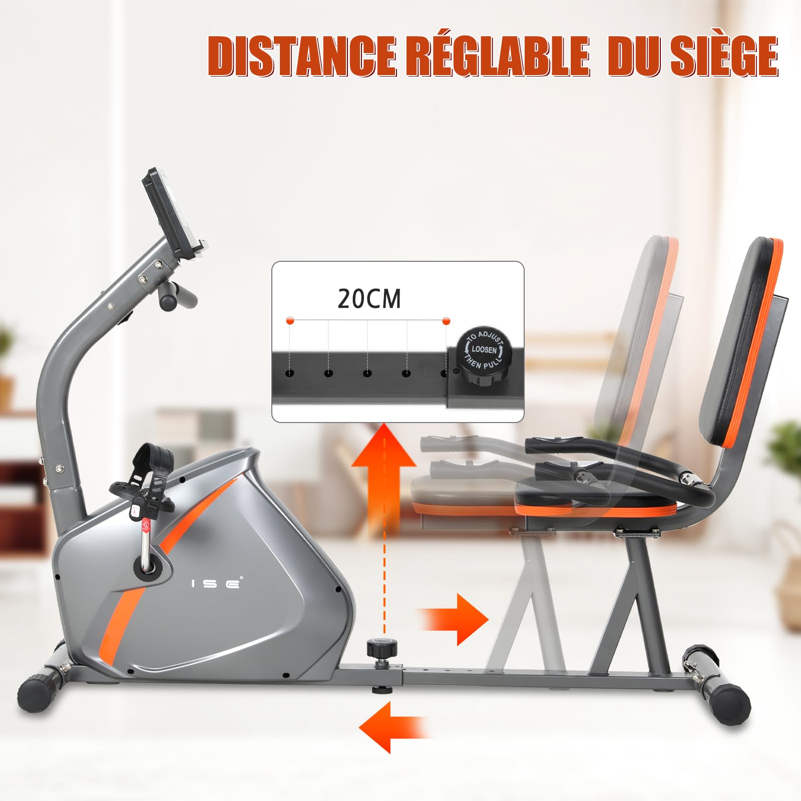 ISE Vélo d'Appartement Semi-Allongé Vélo Couché avec Frein Magnétique, Roues de Transport, Capteurs d'Impulsion, l'Ecran LCD, 8 Niveaux de Résistance Réglables, Velo d appartement Semi Allongé