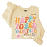 Teacher Sweatshirts for Women Happy to See Your Face Long Sleeve Graphic Tees Oversized Crewneck Pullover Teach Shirt