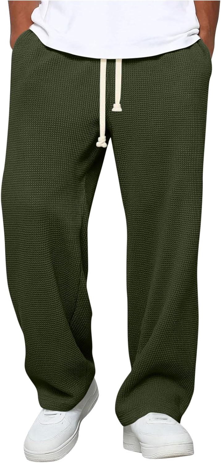 Men's Waffle Texture Sweatpants, Drawstring Wide-Leg Lounge Hiking Pants Lightweight Breathable Trousers
