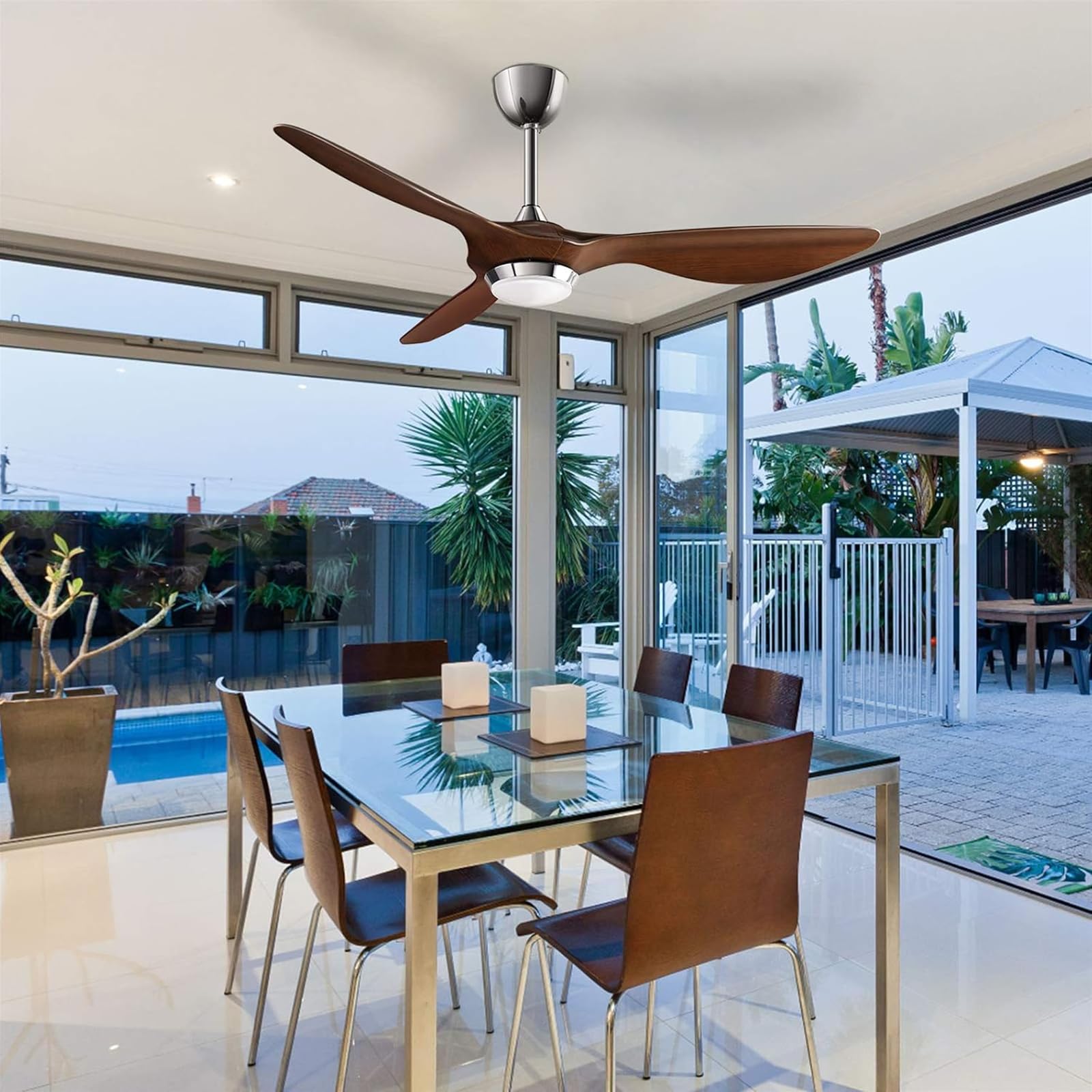 reiga 132cm Ventilatore da Soffitto con Lampada LED Dimmerabile, 3 Pale ABS, Telecomando, Motore CC Silenzioso, Inversione, 6 Velocità (Marrone-Scuro)