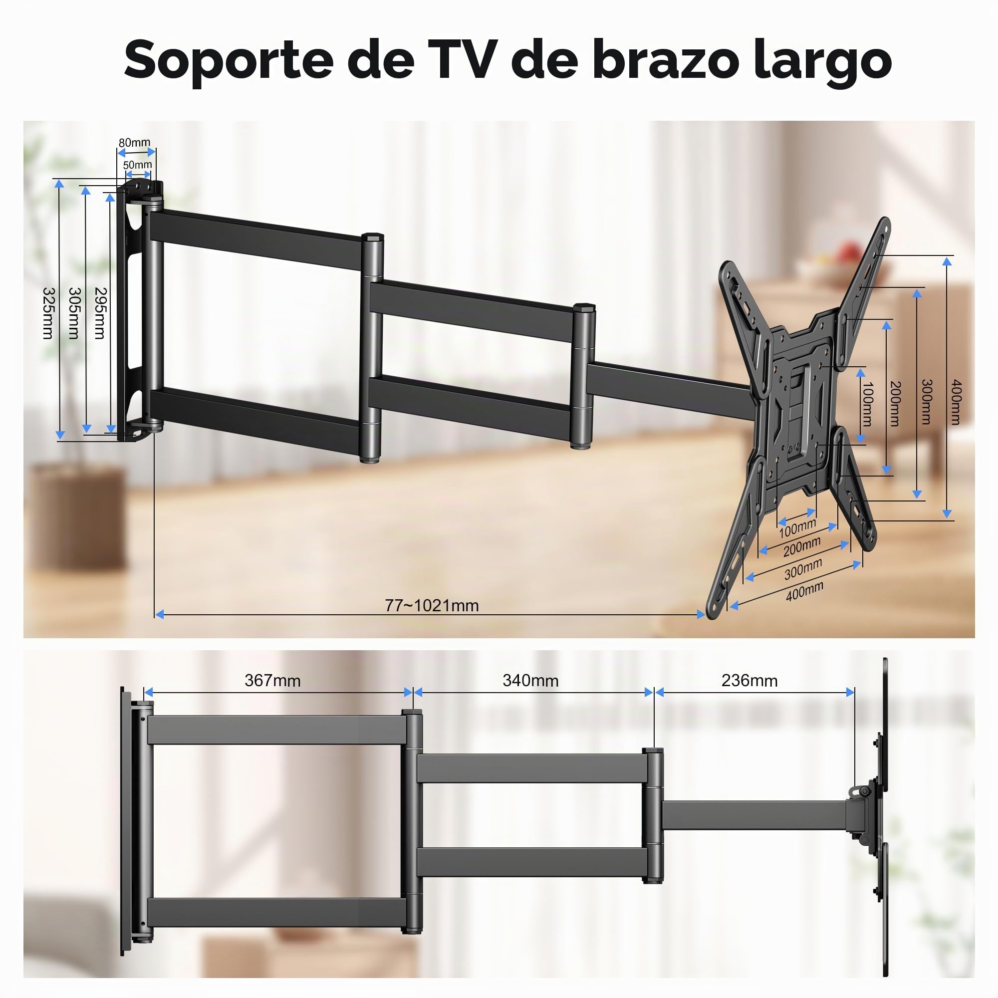XINLEI Soporte TV Pared Extensible hasta 1021 mm, Brazo Articulado para TVs Planas y Curvas de 26-70 Pulgadas, Inclinación +3°/-12°, Giro ±90°, VESA 400x400 mm, Carga 45 kg – MAP3L