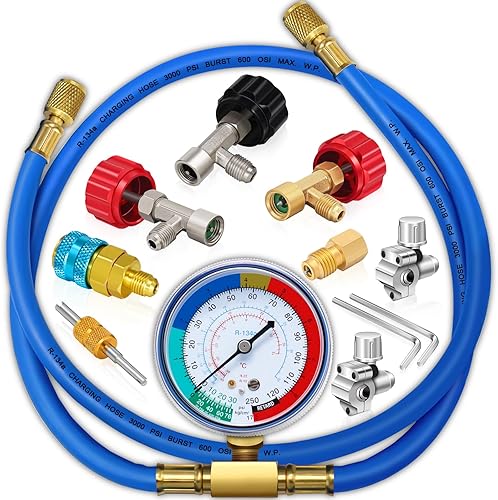 Boltigen Manguera de recarga de refrigerante R134a con manómetro, AC R134A Kit de recarga de freón para refrigerador con válvulas de perforación de