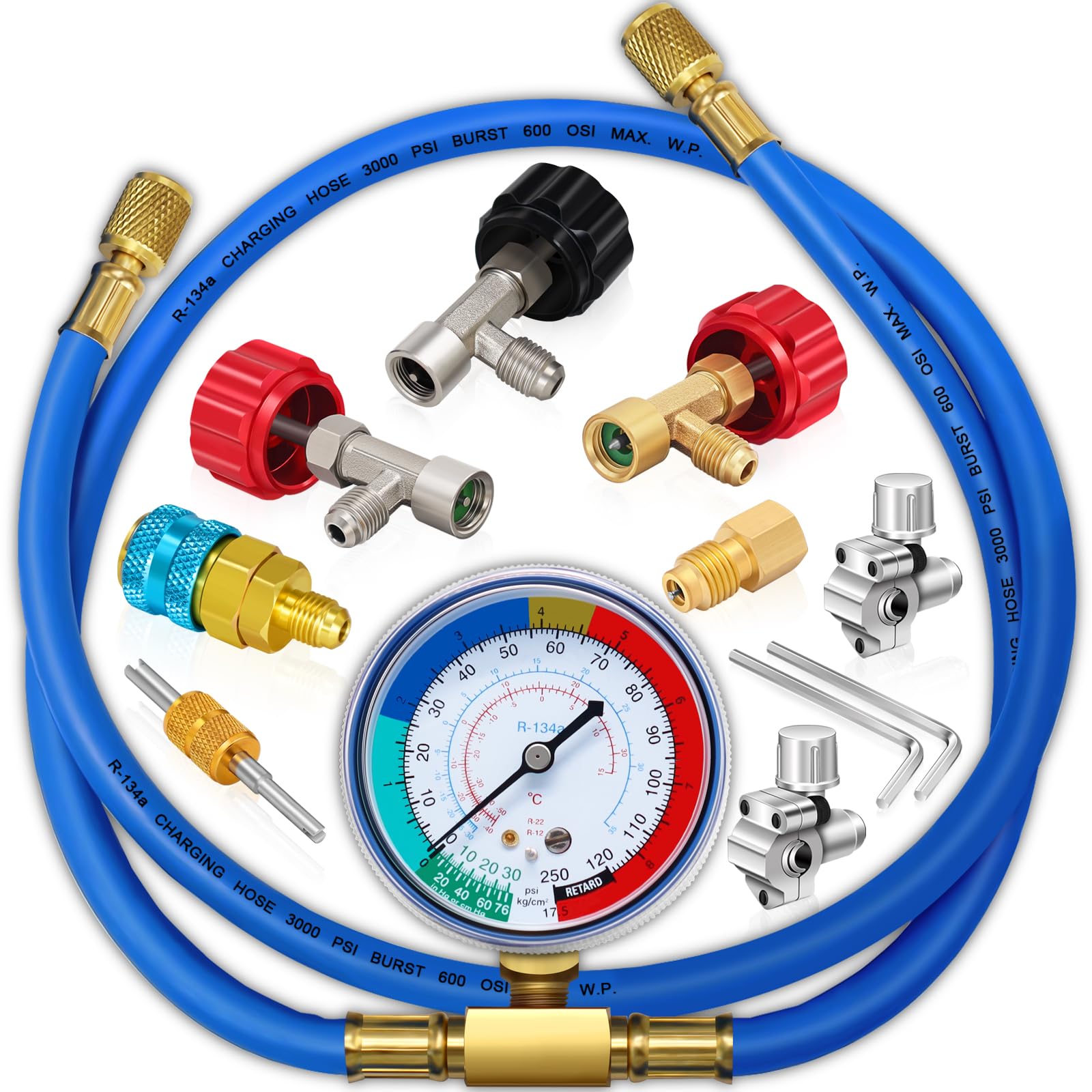 Bylikeho Kit De Recharge De Réfrigérant R134a, Tuyau De Charge De Réfrigérant AC, Accessoires De Voiture 1,27 Cm, Valve De Distribution Et Coupleur Rapide R134A, Kit De Recharge AC, Convient Pour