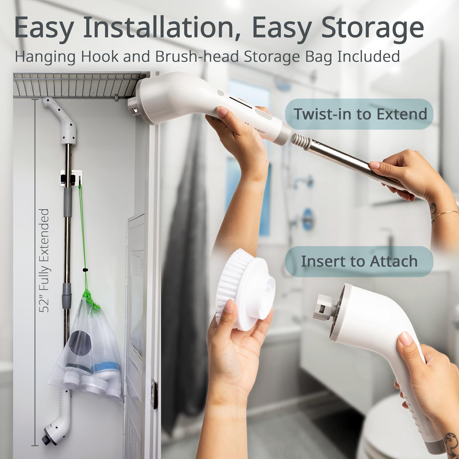 Essentials - Cepillo eléctrico giratorio para ducha, bañera, hogar, hasta 400 rpm de potencia, inalámbrico, tiempo de funcionamiento de 90 minutos, indicador LED, 7 cabezales de cepillo, 2 3