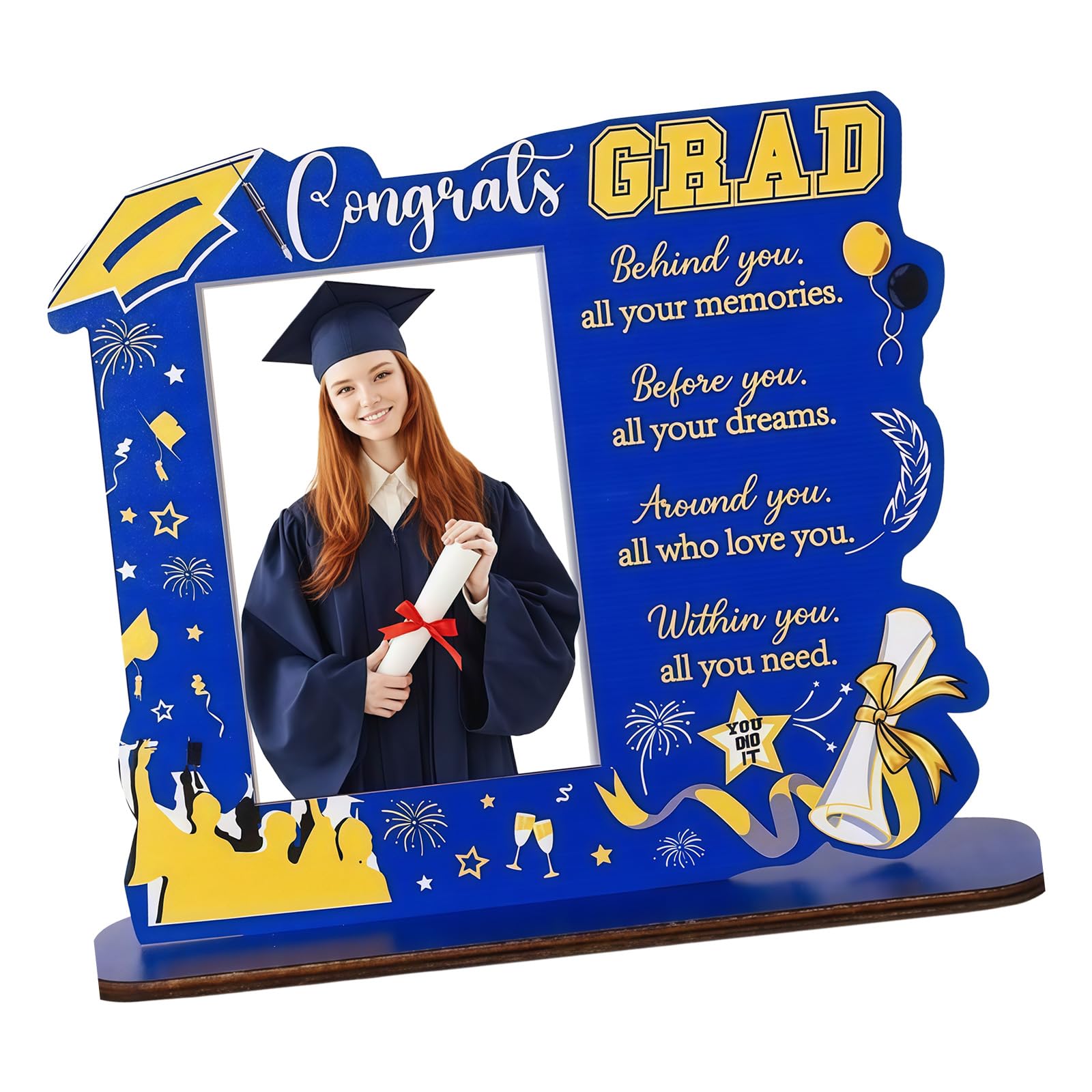 Qusinfc Graduate Keepsakes Picture Frame Wooden Photo Display Holder for Memory with Blessing Word Homes Desktop Decors Gift Graduation Cap Theme Photo Frame