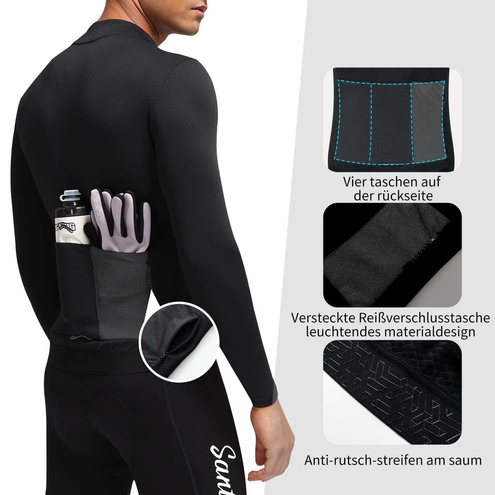 Santic Maillot de cyclisme à manches longues pour homme - Coupe ajustée - Pour le printemps et l'automne - Pour VTT - Thermique