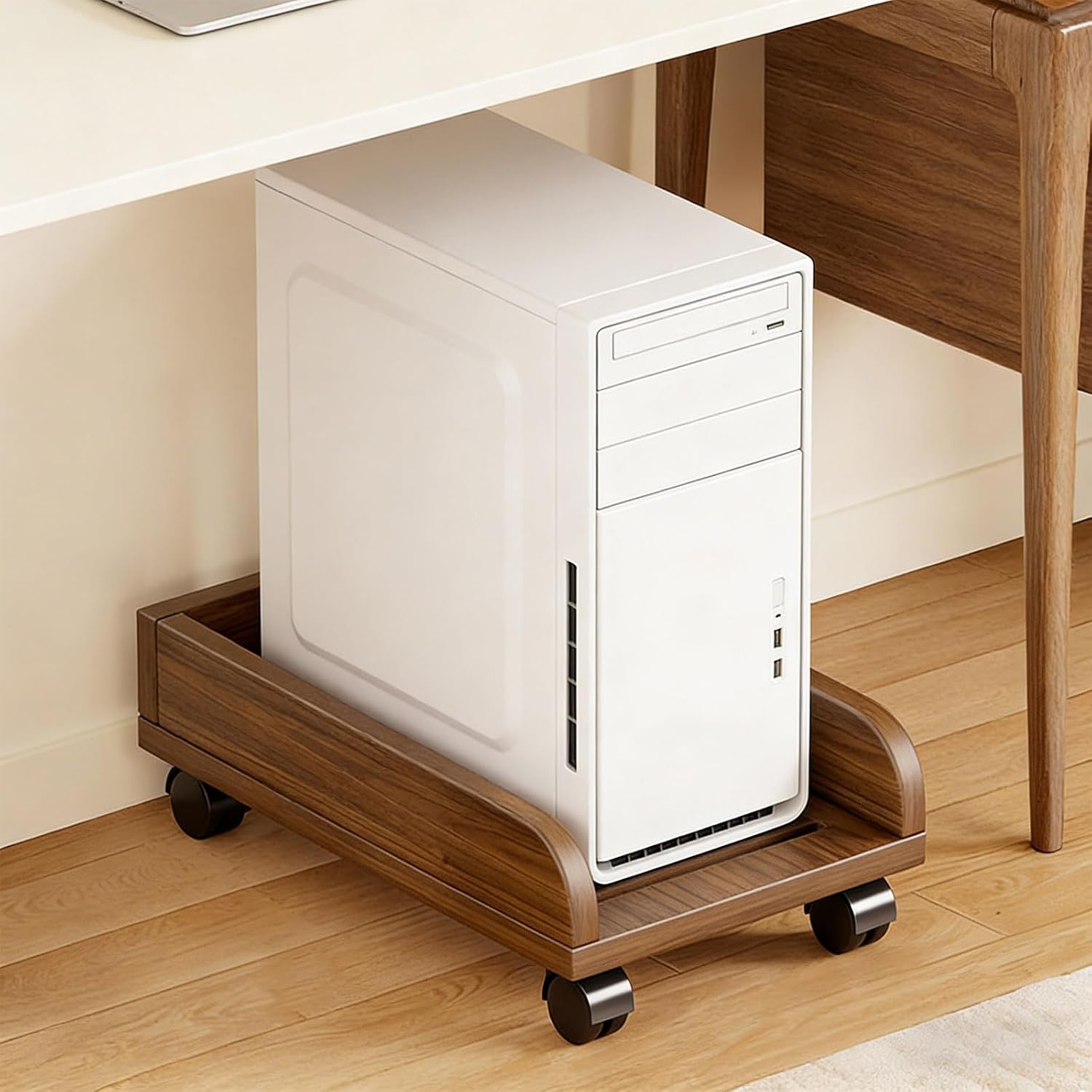 Mjaie Sturdy Wooden Computer Stand with 4 Smooth Wheel for Easy Movement and Better Air Circulation Under Desk