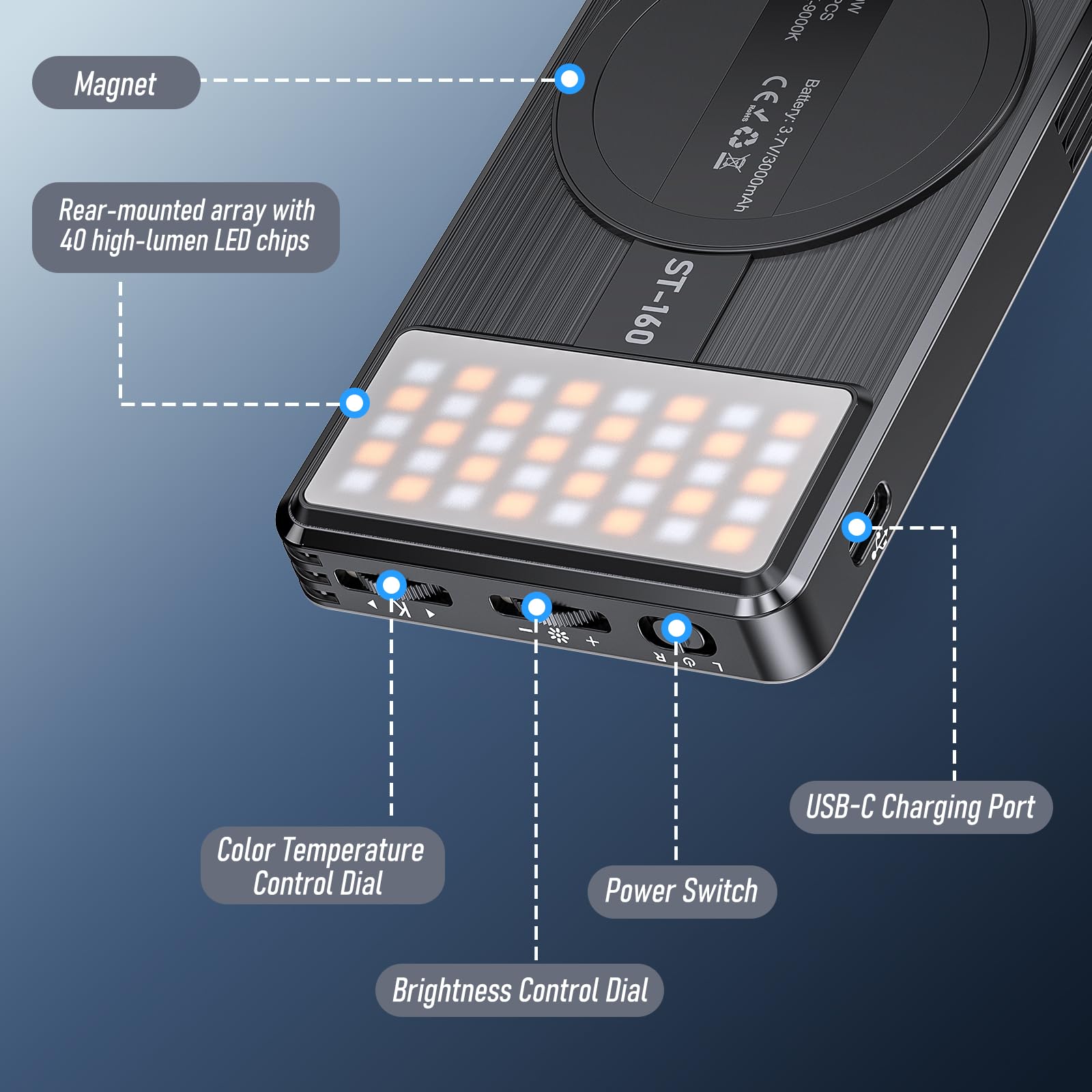 Luce magnetica per selfie 160 LED, luce per cellulare compatibile con MagSafe & Android, 2500-9000 K, dimmerabile, influencer, portatile, luce video professionale per vlog, trucco, TikTok, fotografia