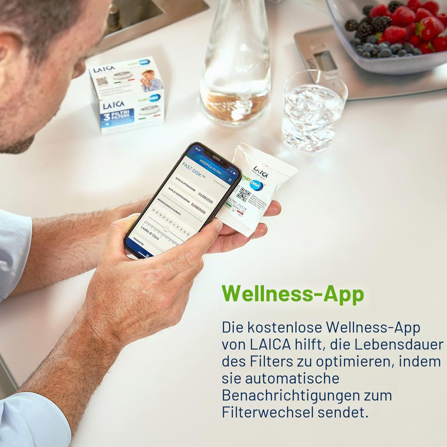 Laica Bk31A Glasfilterflasche Glassmart, 3 Fast Disk Filter inklusive, 360 Liter sofort gefiltertes Wasser, Weiß/Transparent, 13,8 x 13,8 x 38,8 cm; 1,06 kg