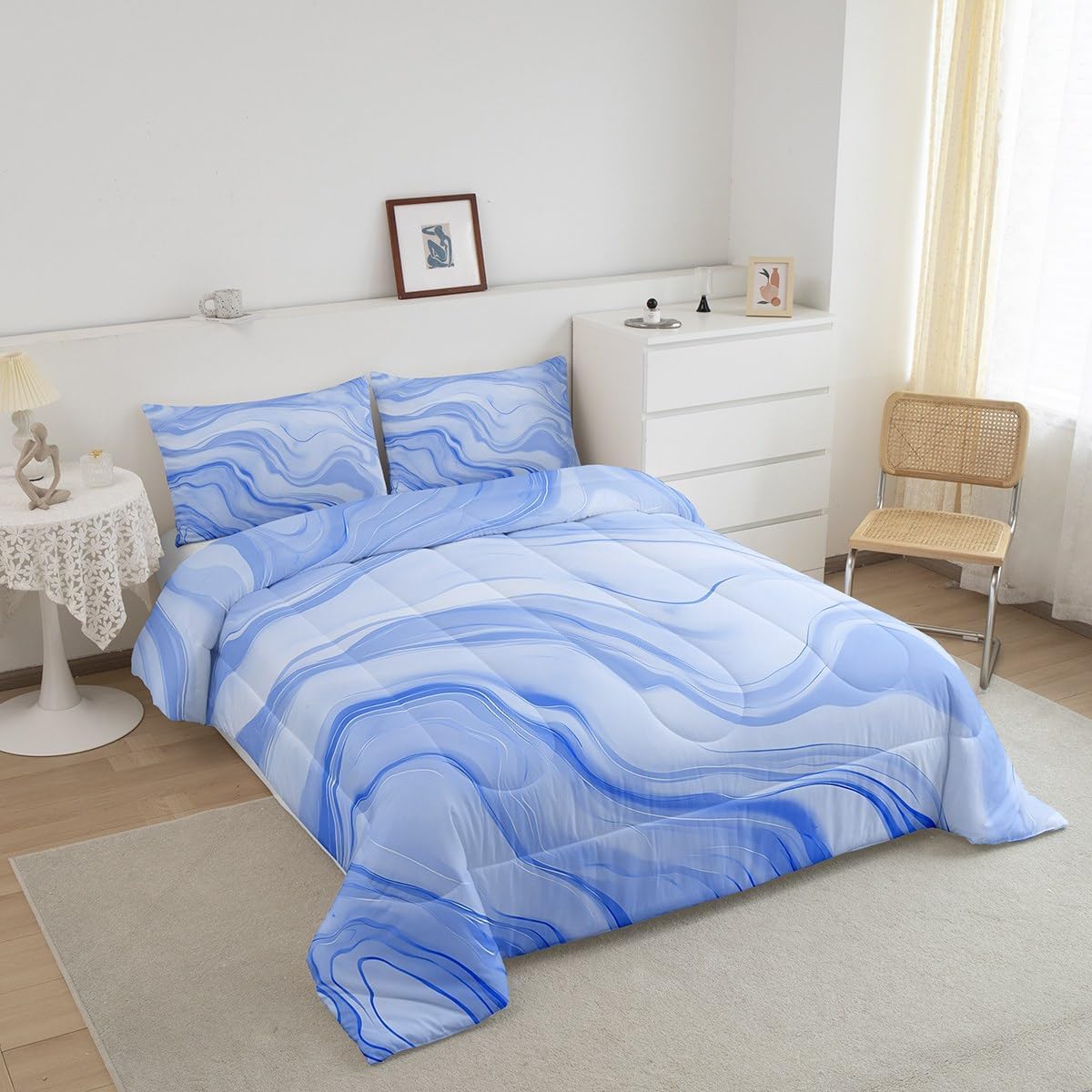 jejeloiu Girls Blue Marble Bedding Set Toddler Size Kids Abstract Geometric Comforter Set for Women Modern Art Duvet Quilt Breathable Soft Lightweight Microfiber Room Decor