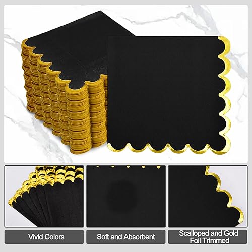 Miniatura 4 de Paquete de 200 servilletas de papel negro  Servilletas de cóctel festoneadas de papel dorado para suministros de fiesta temática, cumpleaños, baby