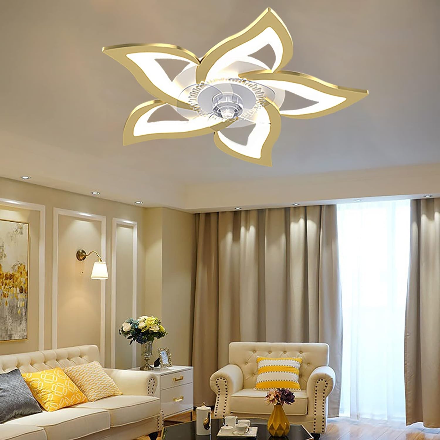 YUEGOO Floral Ceiling Fan with Light and Remote Control Motor Reversible 6 Speed Silent Ceiling Fans with Lamps Dimmable for Bedroom Living Room with App Timer/D