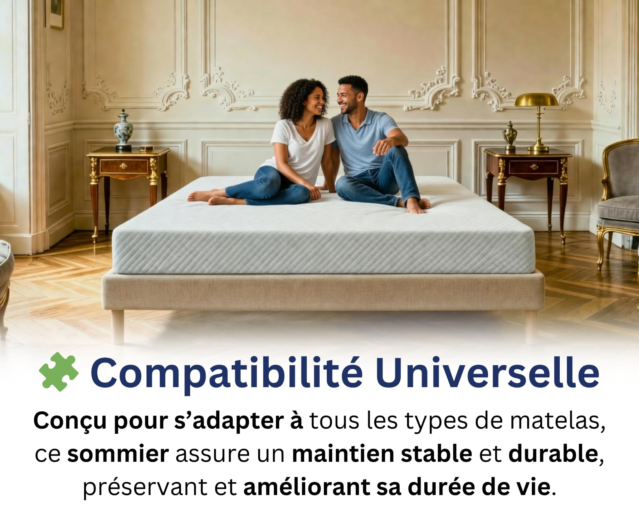 Sommier 140x190 Beige, Hauteur 30 cm, à Lattes Actives en Bois, Cadre Tapissé, Structure et Pieds Solide en Bois Massifs, Stable et Silencieux, Lit 2 Places pour Chambre Adulte