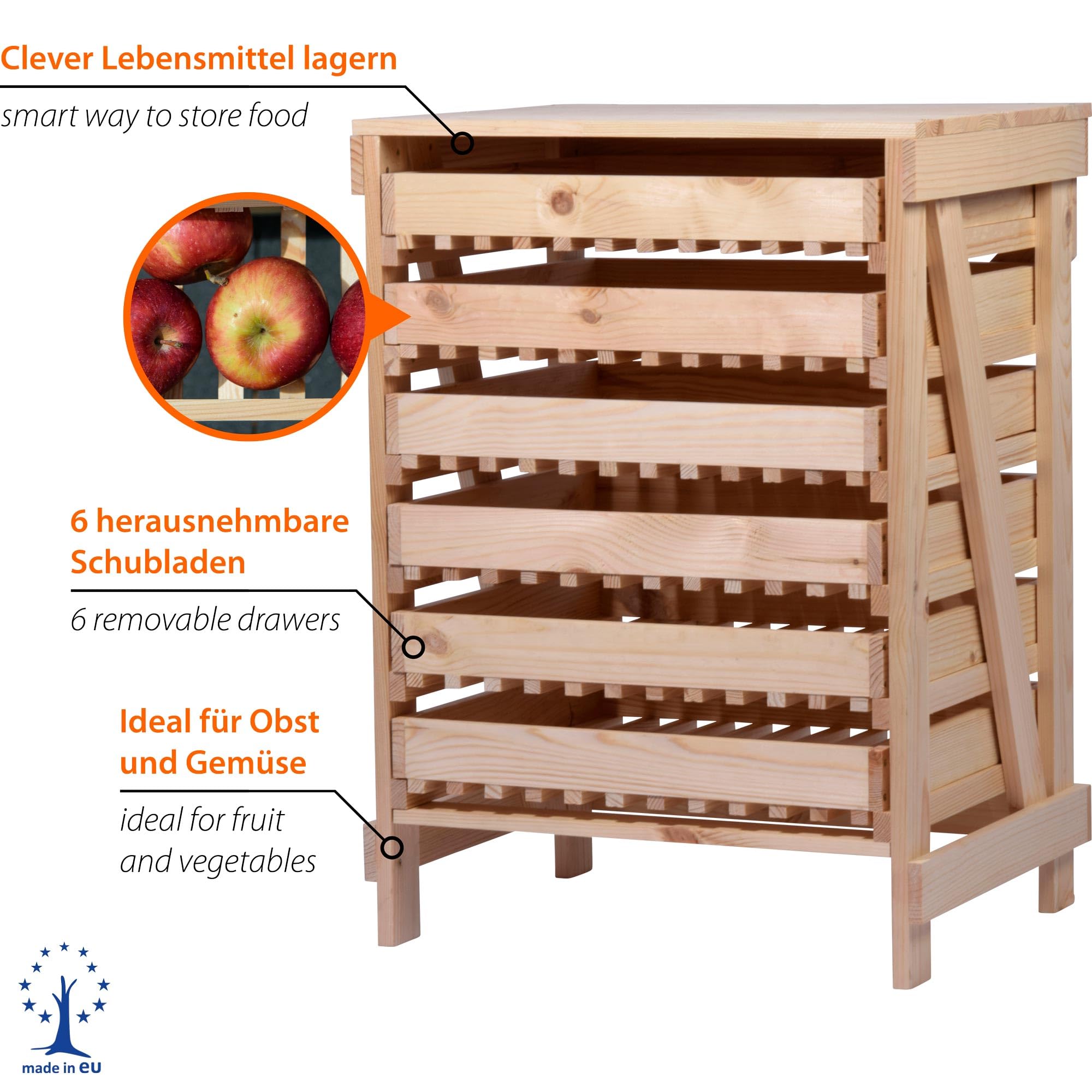 dobar® Green Label 29024FSCe Apfelstiege mit 6 Schubladen | Obsthorde aus Massivholz | Vorratsregal für Lebensmittel | Apfelkiste | Obstkiste | 51 x 40,5 x 70,5 cm