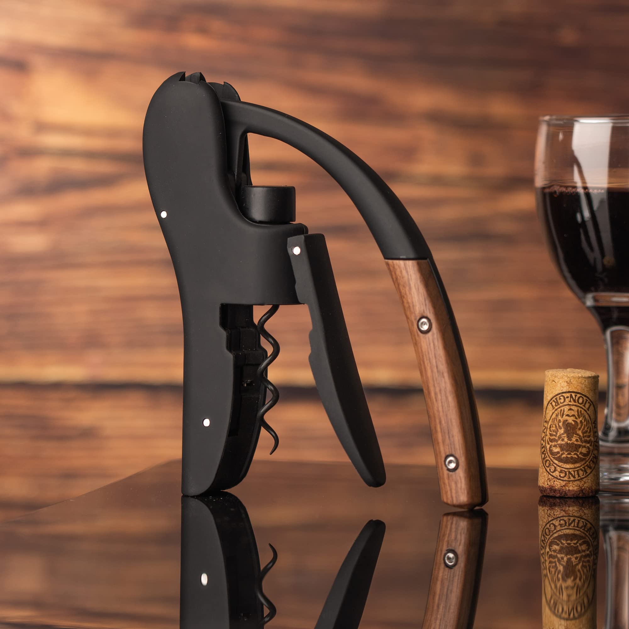 Weinöffner, kompakter, vertikaler Korkenzieher, Weinflaschenöffner mit Holzgriff und integriertem Folienschneider, Weinschlüssel für Servierer und Barkeeper, Geschenke