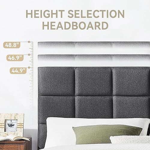 Miniatura 3 de Marco de cama tamaño Queen con cabecera tapizada, tela de lino y soporte de listones de madera, sin ruido, fácil de ensamblar, no necesita somier,