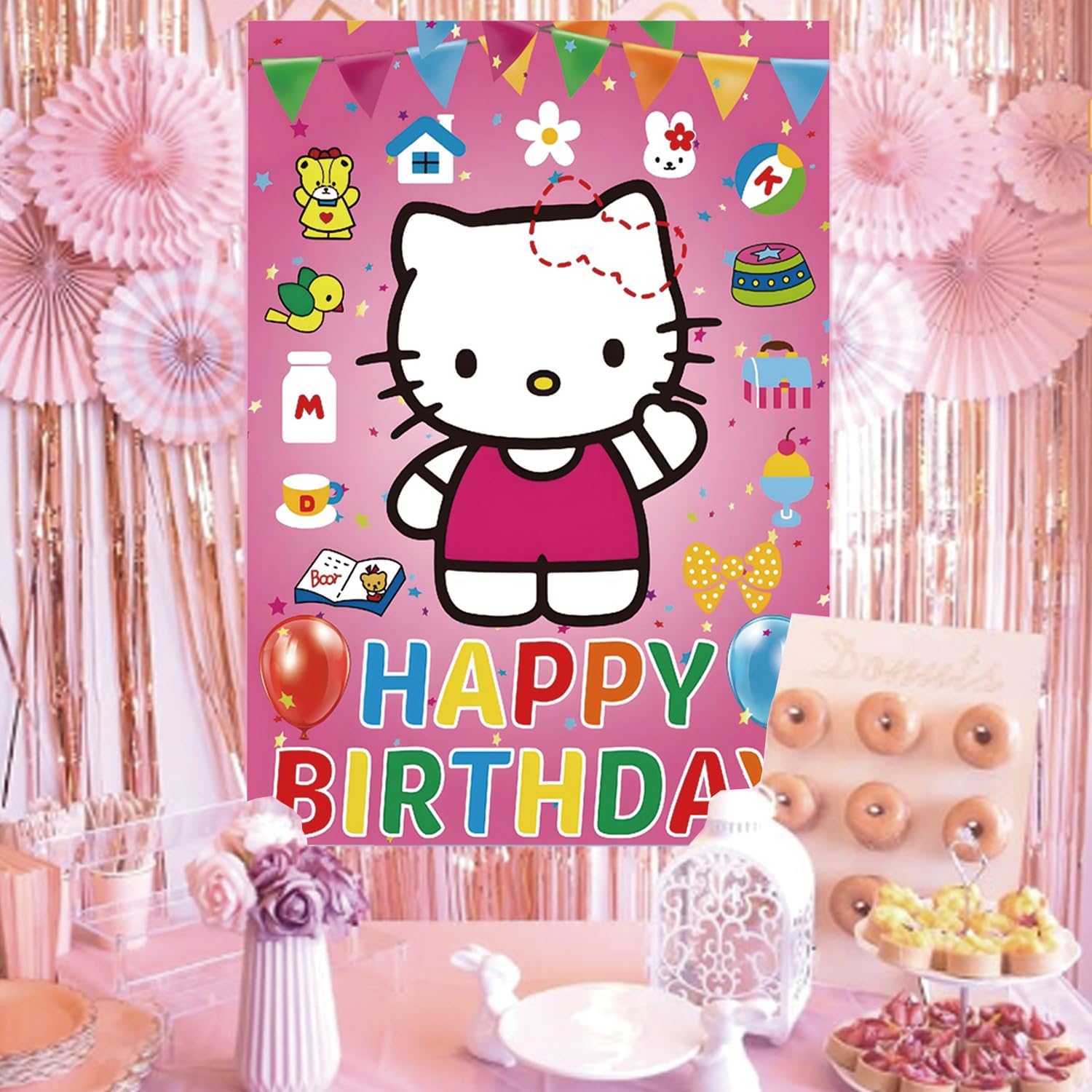 Birthday Decorations, Cute Pink Party Supplies Large Poster with 24 Pcs Bow Stickers, Pin The Bow Sticker on Cat, Cartoon Party Games for Girls Boys